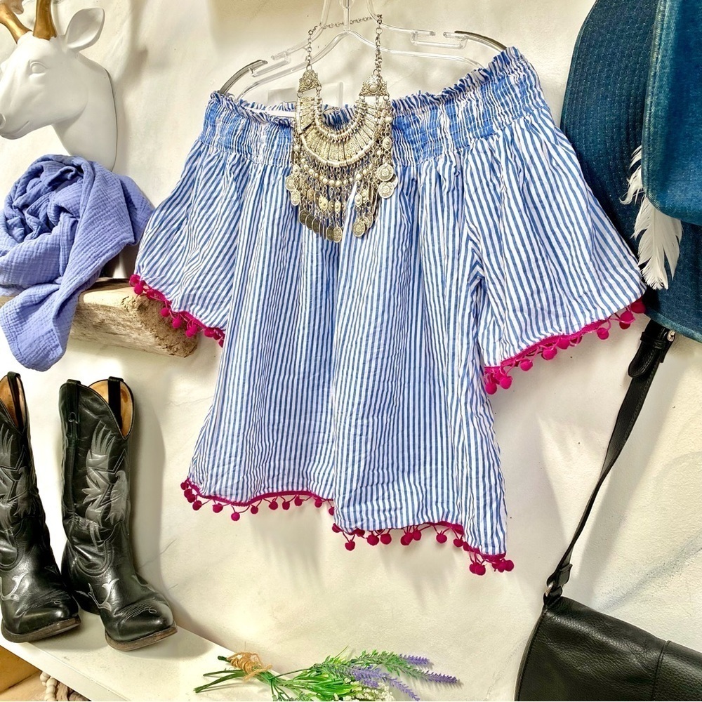 Sweet off the shoulder pin stripe boho blouse w Pom Pom fringe & prairie vibe
